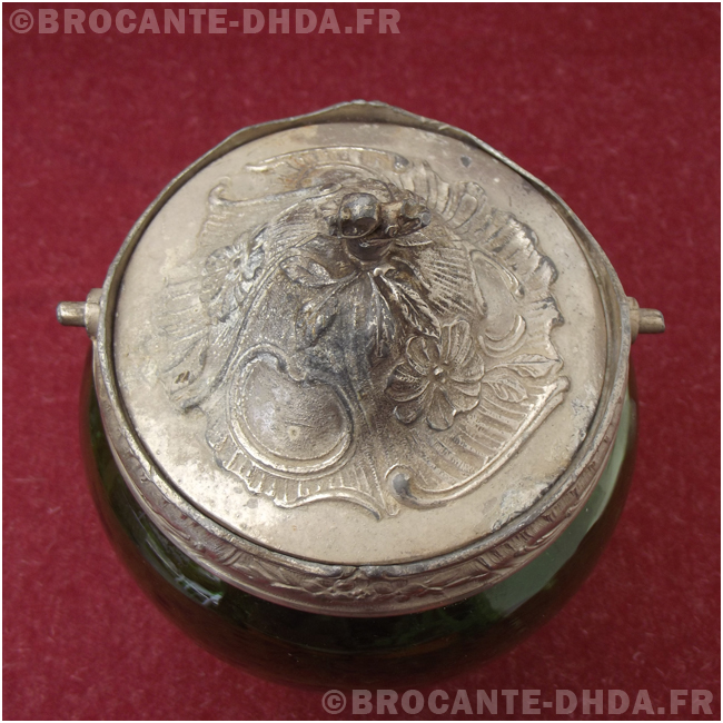 Seau à Biscuits Ancien Verre Ciselé Métal Argenté 12 cm