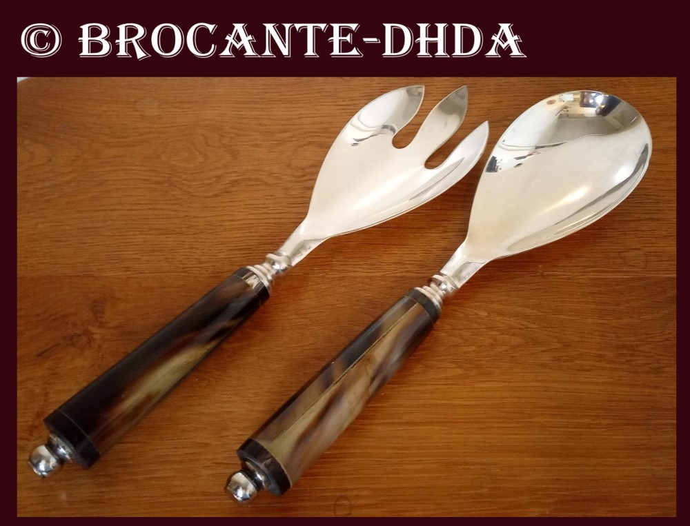 ANCIENS COUVERTS A Salade Grosse Fourchette Cuillère Rouge Marbré Déco